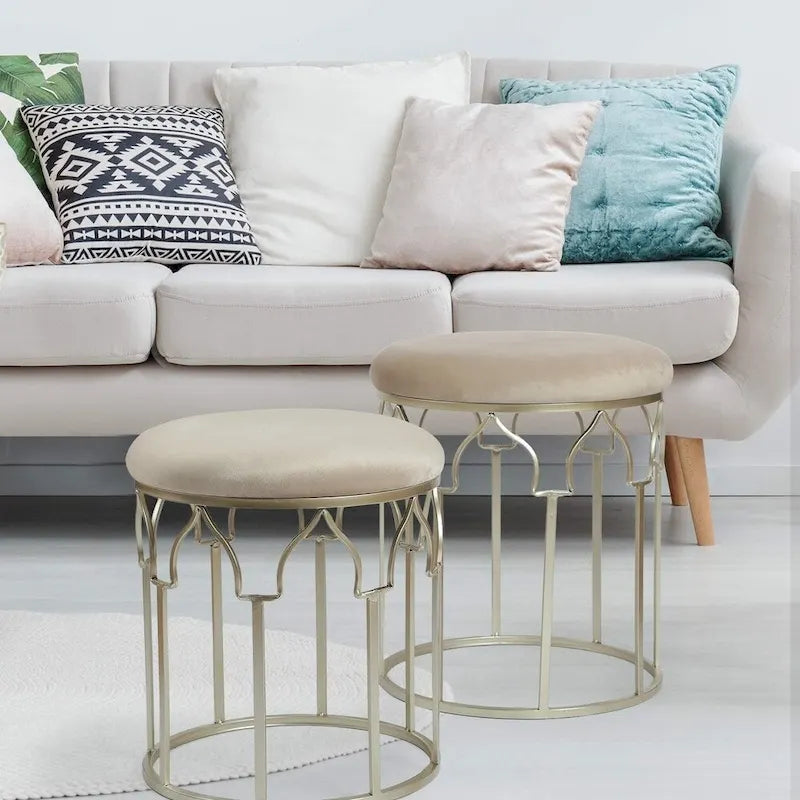 Adeco FT0254 Repose-pieds rond empilable, pieds en acier, hauteur 43 cm, lot de 2 poufs et poufs de rangement, gris clair