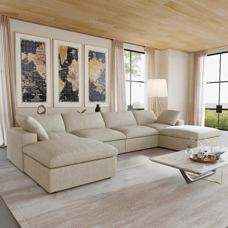 Canapé d'angle convertible modulable 6 places en forme de U pour salon