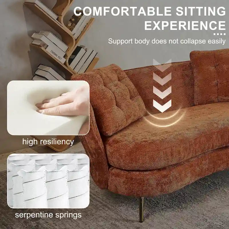 Canapé deux places en velours avec pieds en métal doré pour salon