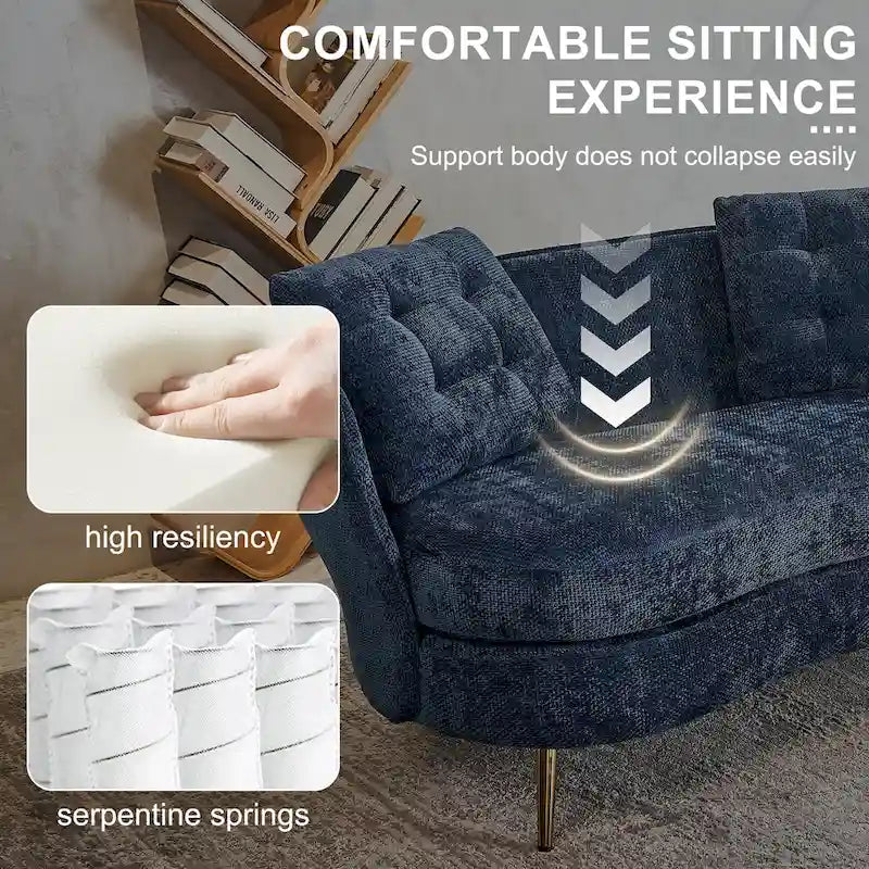 Canapé deux places en velours avec pieds en métal doré pour salon