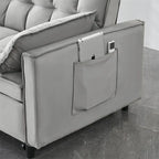 Canapé deux places en velours avec dossier inclinable, coussins décoratifs et poches