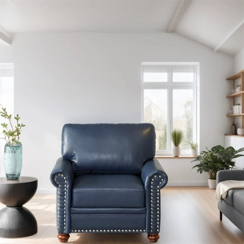 Fauteuil en cuir une place avec pieds en bois et décoration cloutée