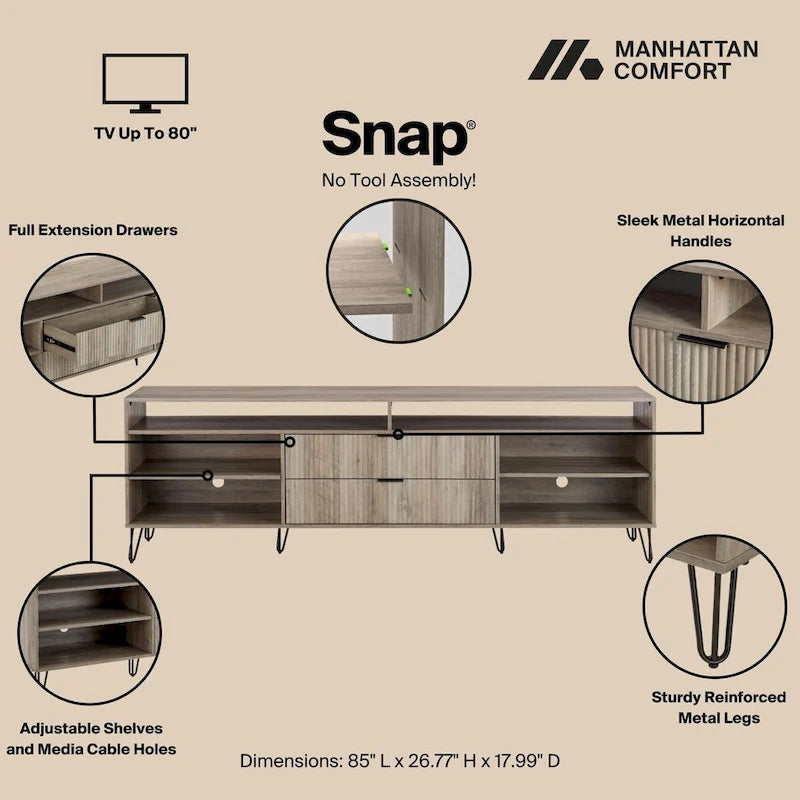 Meuble TV Manhattan Comfort Dumbo de style moderne du milieu du siècle avec 6 étagères