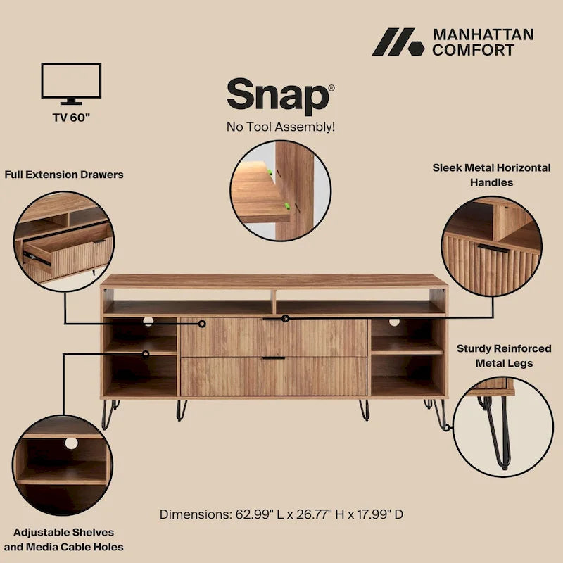 Meuble TV Manhattan Comfort Dumbo de style moderne du milieu du siècle avec 6 étagères