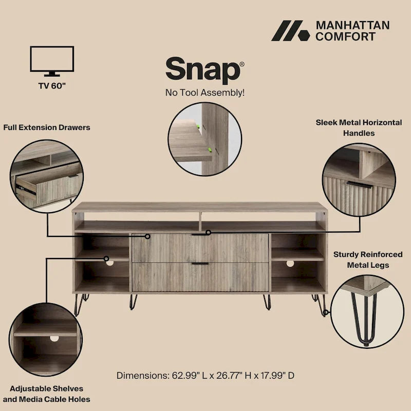 Meuble TV Manhattan Comfort Dumbo de style moderne du milieu du siècle avec 6 étagères