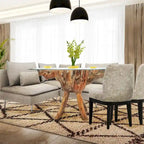 Table de salle à manger en racine de teck avec plateau en verre carré de 109 cm