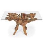 Table de salle à manger en racine de teck avec plateau en verre carré de 109 cm
