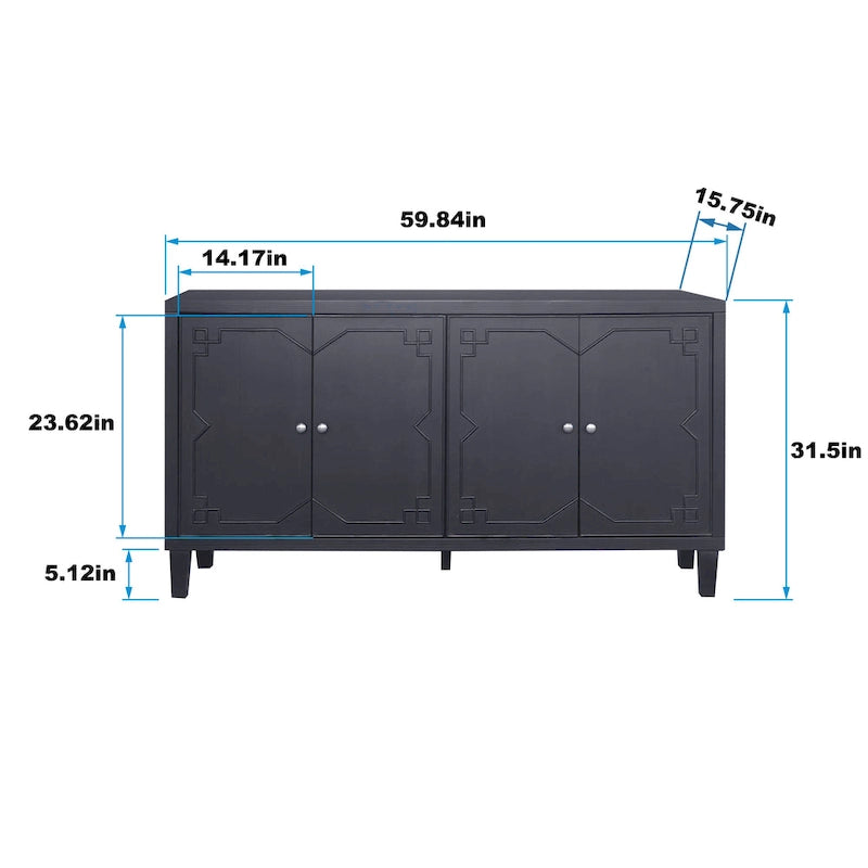 Buffet/meuble de rangement d'appoint moderne en bois noir mat à 4 portes de 152 cm (60 po)