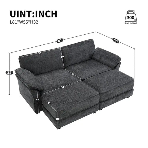 Ensemble canapé-lit d'angle convertible modulable 4 places, revêtement capitonné, assise profonde, pouf, gris