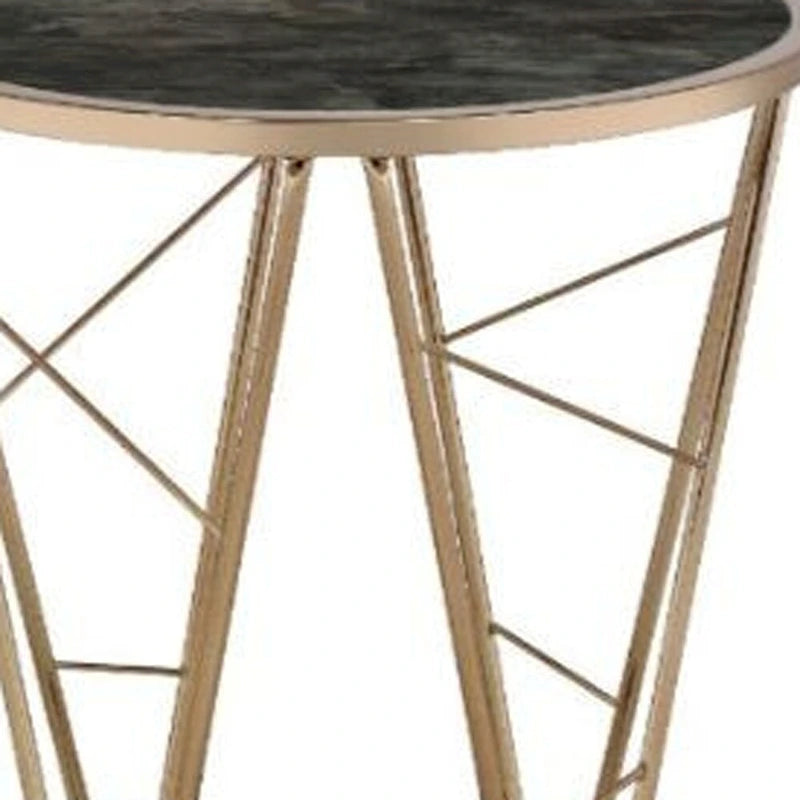 Table d'appoint ronde HomeRoots 24 en verre et métal imitation marbre champagne et noir - 56 x 61 x 56 cm