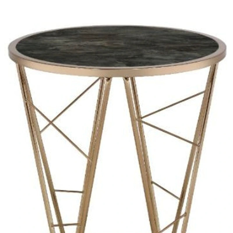 Table d'appoint ronde HomeRoots 24 en verre et métal imitation marbre champagne et noir - 56 x 61 x 56 cm
