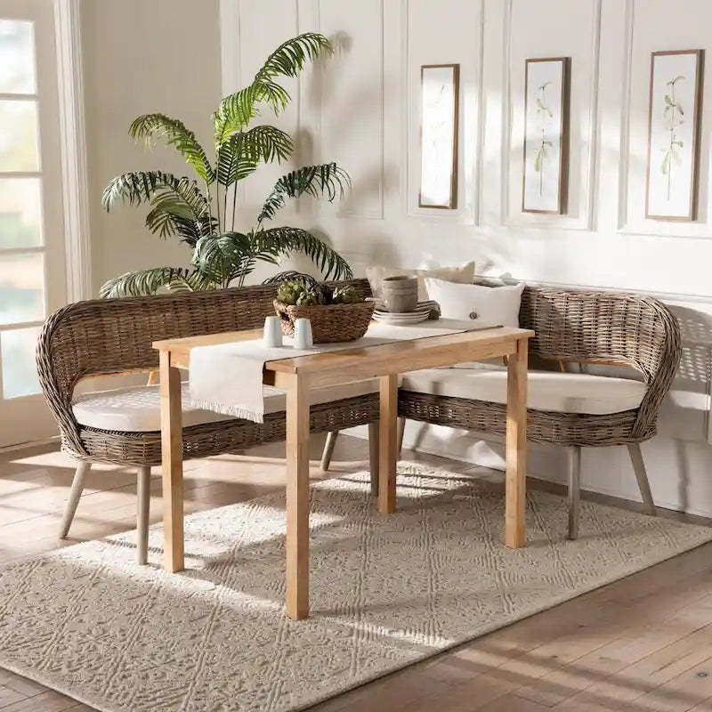 Raisa Modern Bohemian Natural Kubu Rattan Bench and Wood Table Dining Nook Set