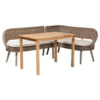 Ensemble coin repas Raisa style bohème moderne, banc en rotin kubu naturel et table en bois