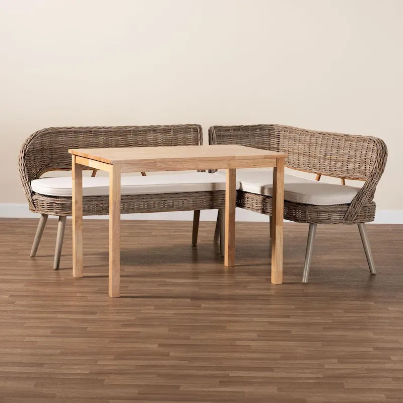 Ensemble coin repas Raisa style bohème moderne, banc en rotin kubu naturel et table en bois