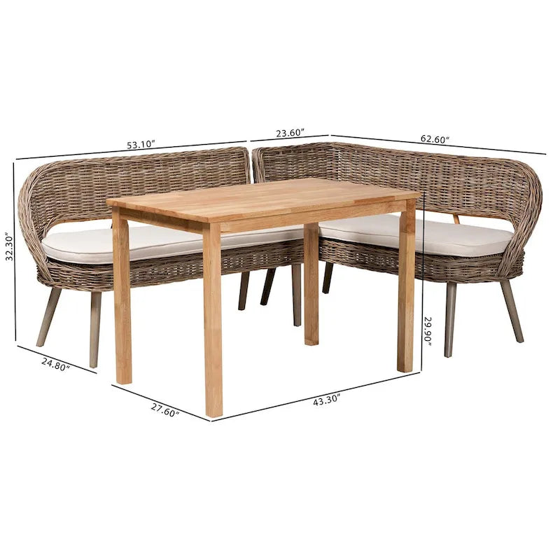Ensemble coin repas Raisa style bohème moderne, banc en rotin kubu naturel et table en bois