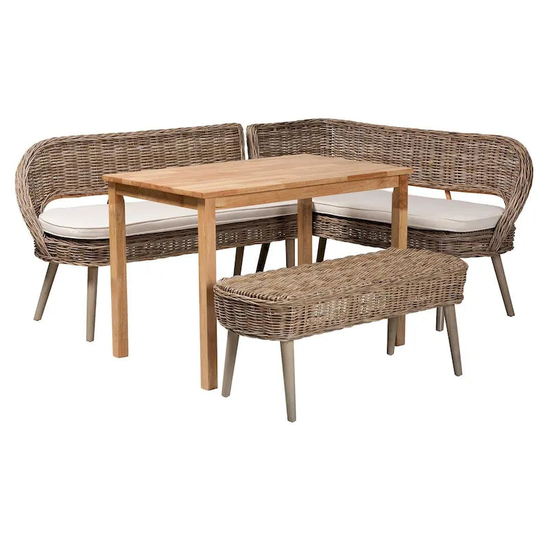 Ensemble coin repas Raisa style bohème moderne, banc en rotin kubu naturel et table en bois