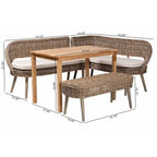 Ensemble coin repas Raisa style bohème moderne, banc en rotin kubu naturel et table en bois