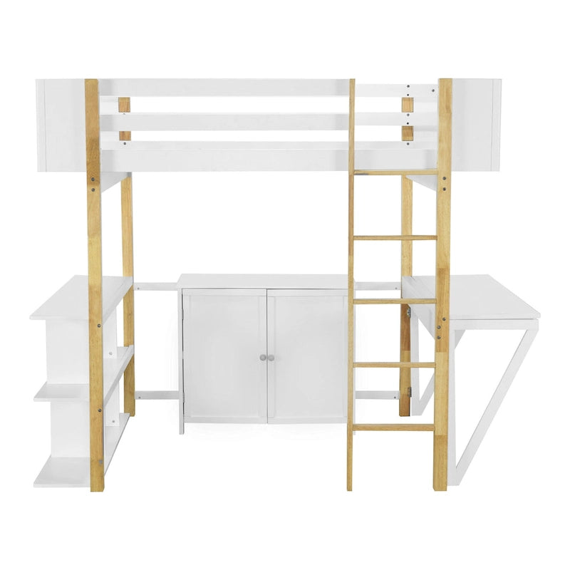 Wood Loft Bed With Built-in Storage Cabinet, Cubes and Foldable desk