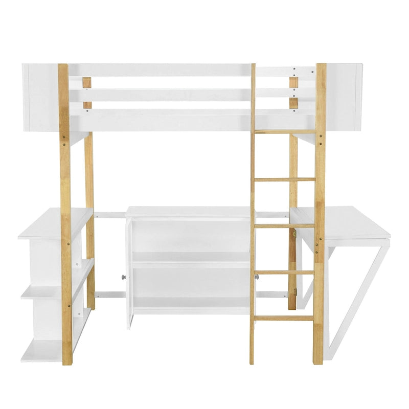 Lit mezzanine en bois avec armoire de rangement intégrée, cubes et bureau pliable