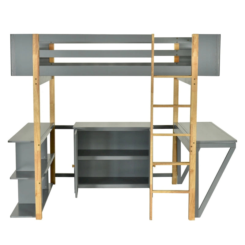 Lit mezzanine en bois avec armoire de rangement intégrée, cubes et bureau pliable