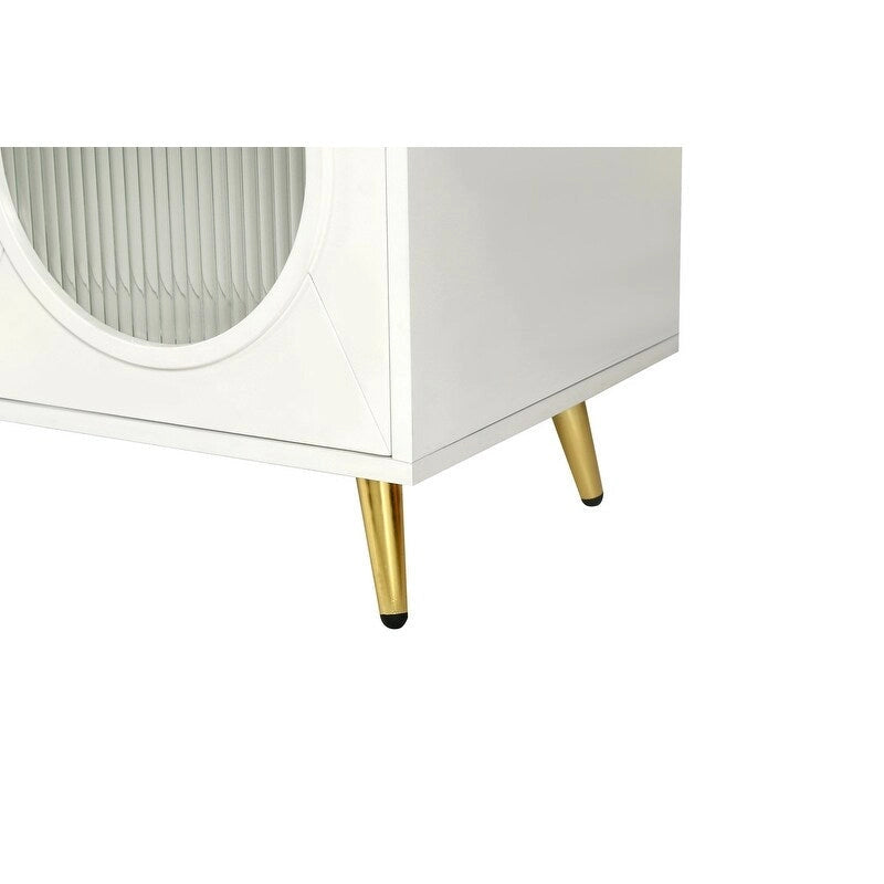 Buffet Grondin de style moderne du milieu du siècle, 152 cm de large, avec portes en verre trempé cannelé et étagères réglables