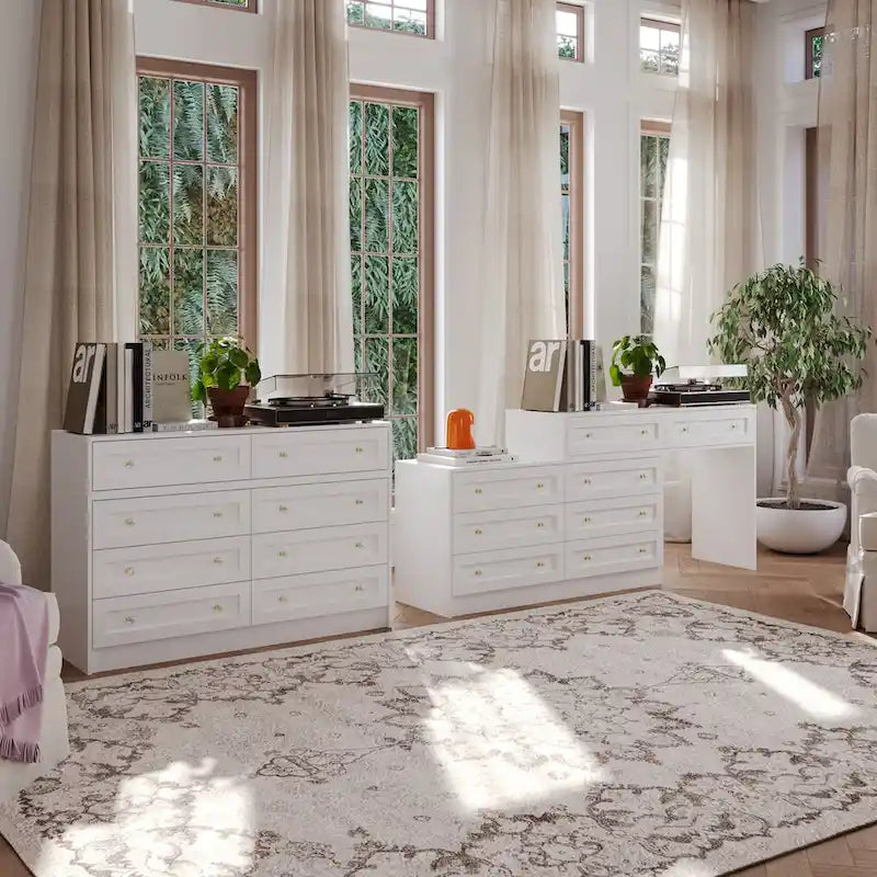 Commode et coiffeuse blanches, solution de rangement polyvalente, bureau en cristal