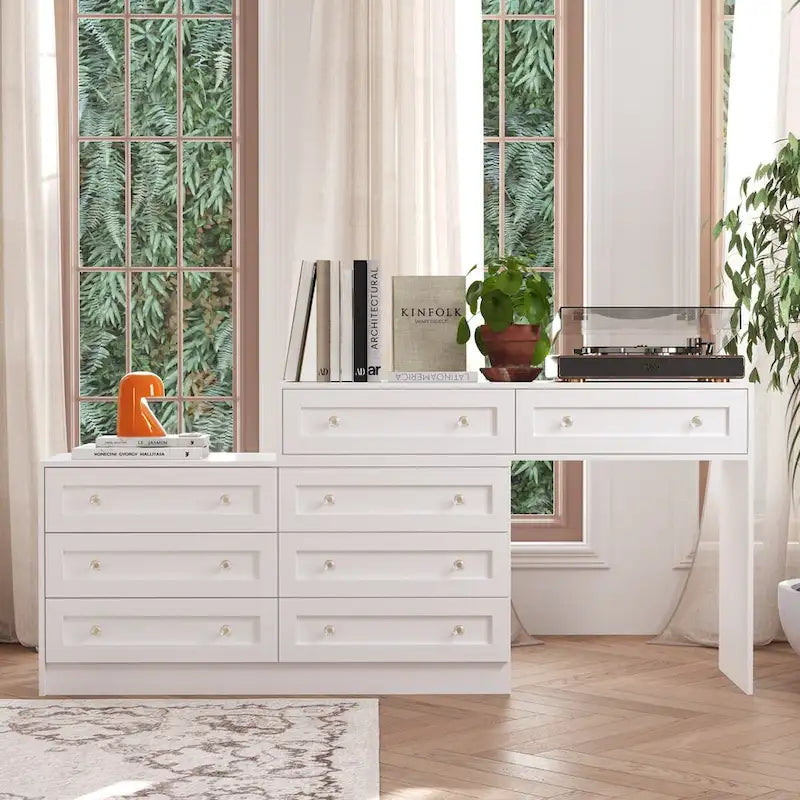 Commode et coiffeuse blanches, solution de rangement polyvalente, bureau en cristal