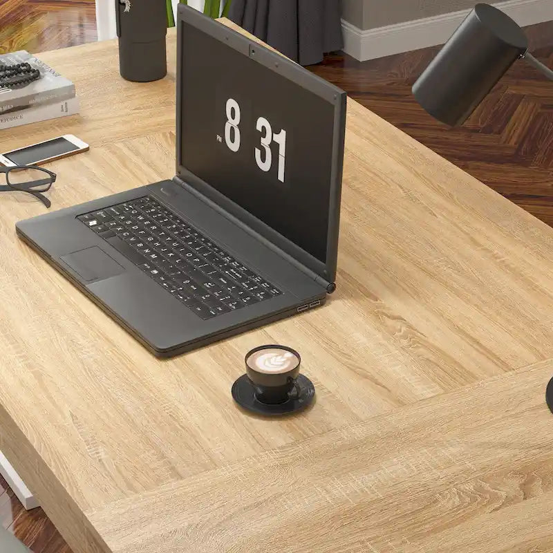 Table de conférence en bois avec piètement blanc, table de réunion, bureau d'ordinateur