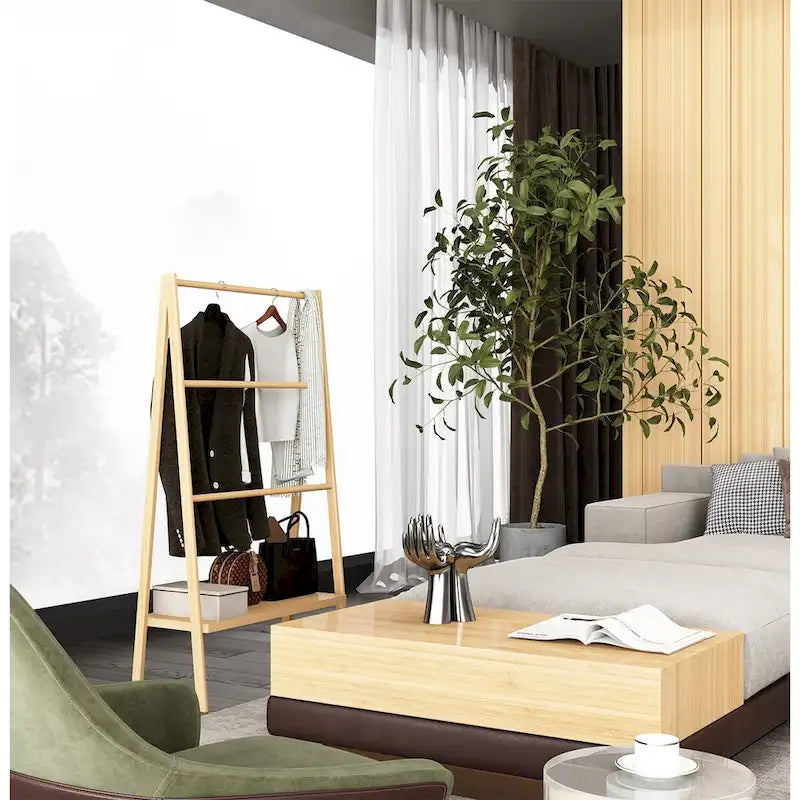 Porte-serviettes échelle en bambou avec étagère de rangement