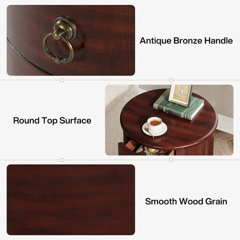 Table d'appoint ronde vintage en bois massif, sans assemblage, avec tiroirs latéraux.