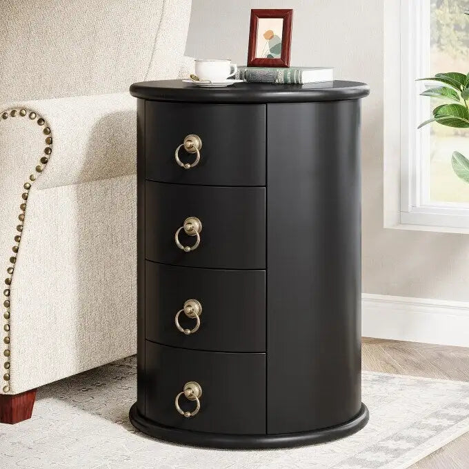 Table d'appoint ronde vintage en bois massif, sans assemblage, avec tiroirs latéraux.