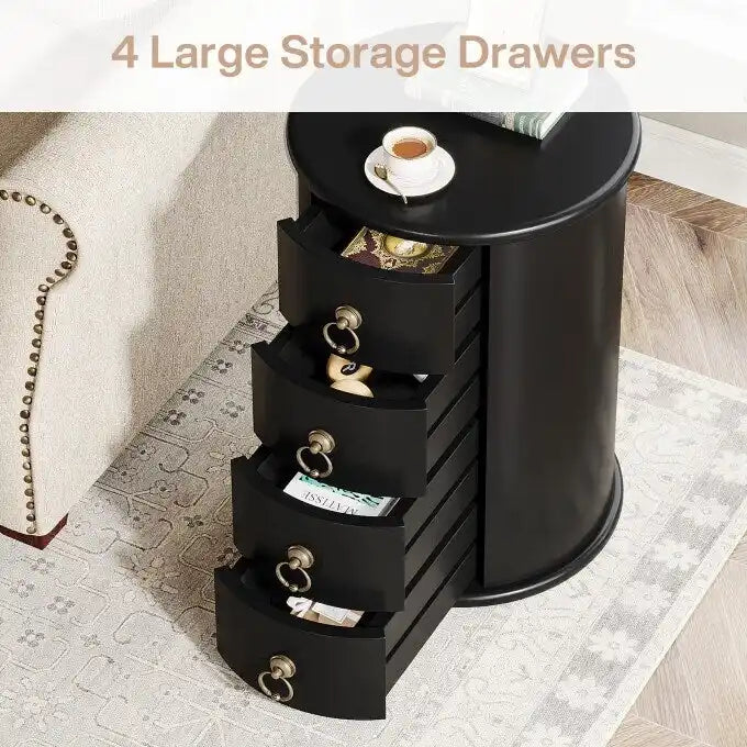 Table d'appoint ronde vintage en bois massif, sans assemblage, avec tiroirs latéraux.