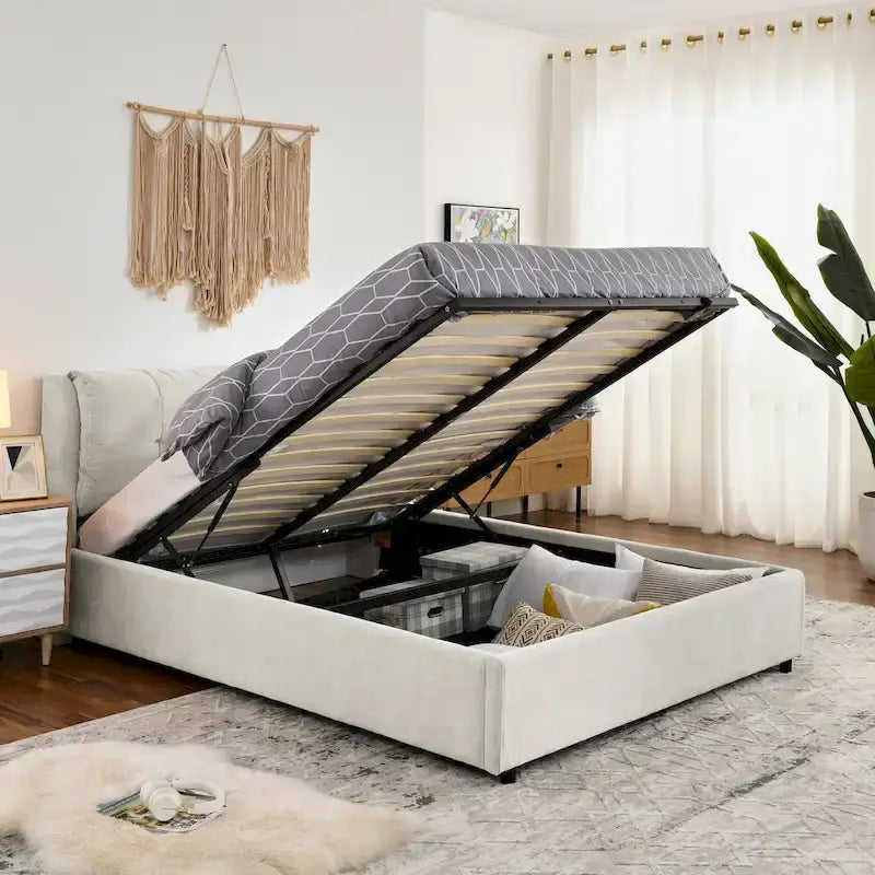 Lit plateforme hydraulique rembourré Queen Size avec rangement et tête de lit intégrée, revêtement en tissu chenille, gris