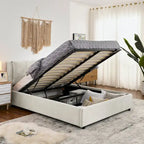 Lit plateforme hydraulique rembourré Queen Size avec rangement et tête de lit intégrée, revêtement en tissu chenille, gris