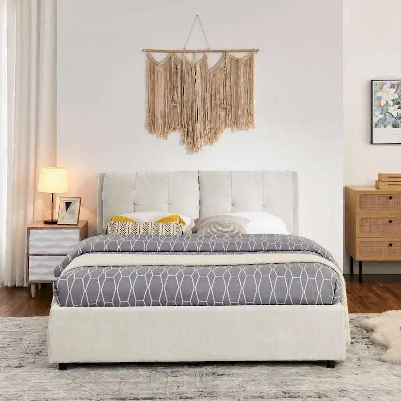 Lit plateforme hydraulique rembourré Queen Size avec rangement et tête de lit intégrée, revêtement en tissu chenille, gris