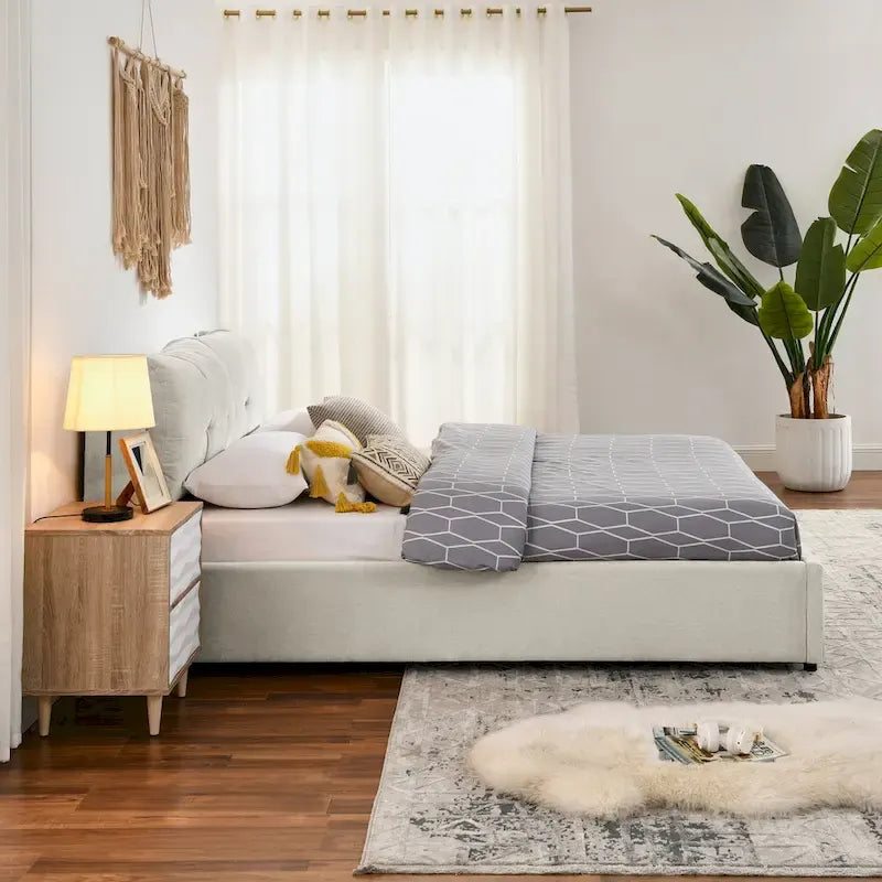 Lit plateforme hydraulique rembourré Queen Size avec rangement et tête de lit intégrée, revêtement en tissu chenille, gris