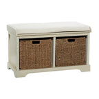 Banc de rangement en bois avec paniers en jonc de mer brun et assise rembourrée - Blanc - Roche River Decor