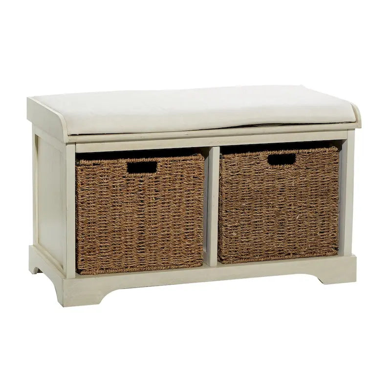 Banc de rangement en bois avec paniers en jonc de mer brun et assise rembourrée - Blanc - Roche River Decor