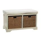 Wood Room Storage Bench with Brown Seagrass Baskets and Cushioned Seat - White - Roche River Decor