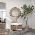 Banc de rangement en bois avec paniers en jonc de mer brun et assise rembourrée - Blanc - Roche River Decor