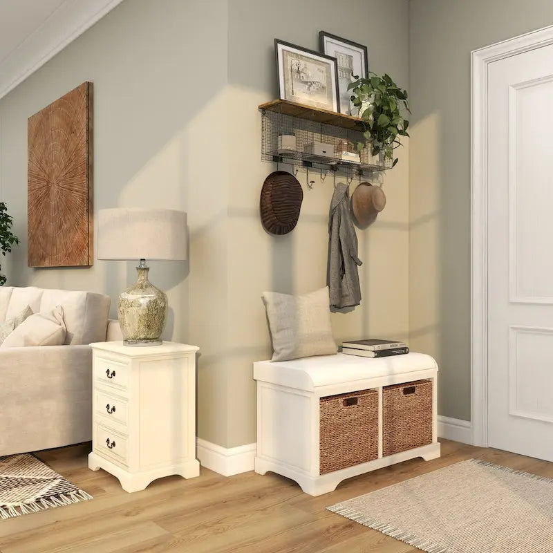 Banc de rangement en bois avec paniers en jonc de mer brun et assise rembourrée - Blanc - Roche River Decor