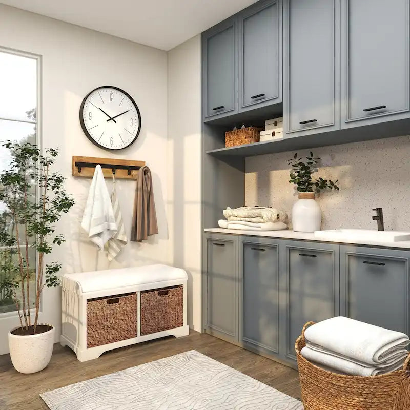 Banc de rangement en bois avec paniers en jonc de mer brun et assise rembourrée - Blanc - Roche River Decor