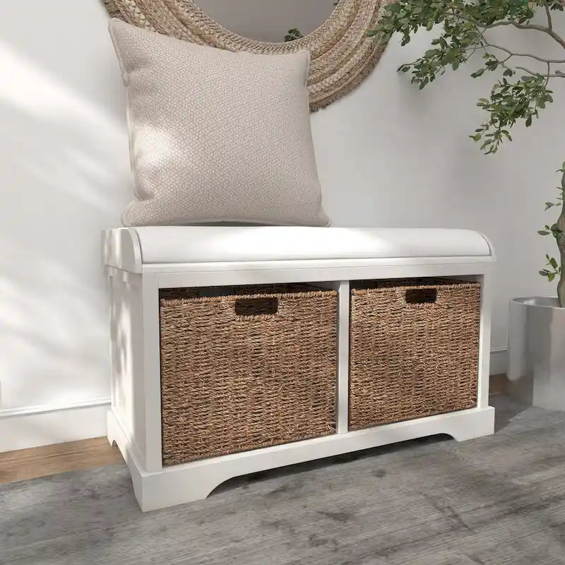 Banc de rangement en bois avec paniers en jonc de mer brun et assise rembourrée - Blanc - Roche River Decor