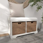 Banc de rangement en bois avec paniers en jonc de mer brun et assise rembourrée - Blanc - Roche River Decor