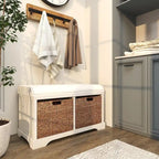 Banc de rangement en bois avec paniers en jonc de mer brun et assise rembourrée - Blanc - Roche River Decor
