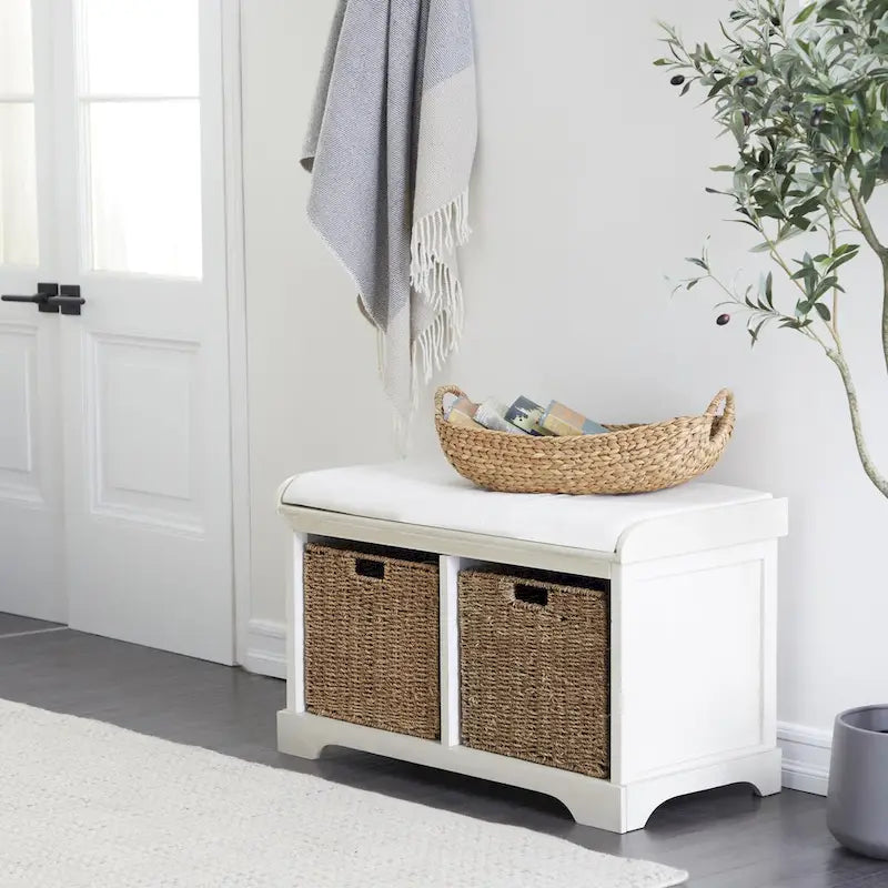 Banc de rangement en bois avec paniers en jonc de mer brun et assise rembourrée - Blanc - Roche River Decor