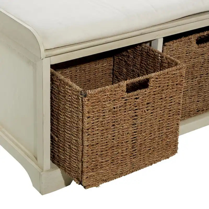 Banc de rangement en bois avec paniers en jonc de mer brun et assise rembourrée - Blanc - Roche River Decor
