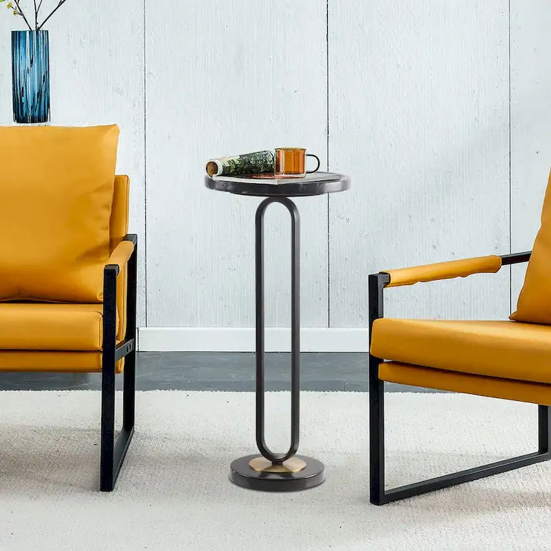 Table d'appoint ronde en marbre gris et métal avec piédestal en marbre (12 pouces)