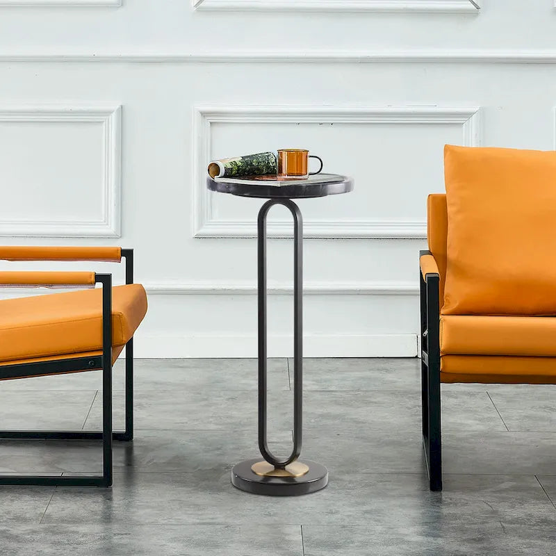 Table d'appoint ronde en marbre gris et métal avec piédestal en marbre (12 pouces)